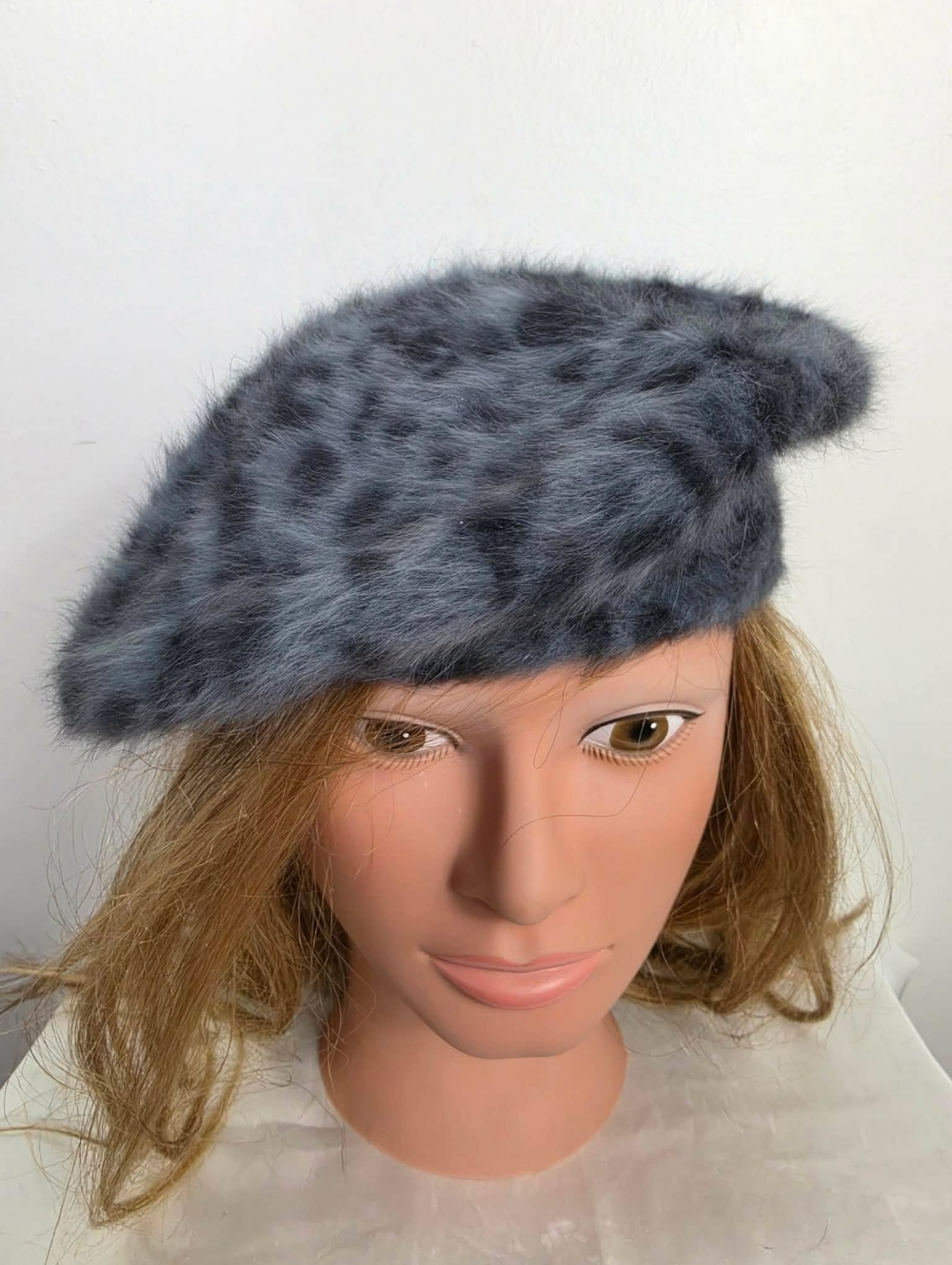 Real Fur Leopard Print Beret in Slate Gray